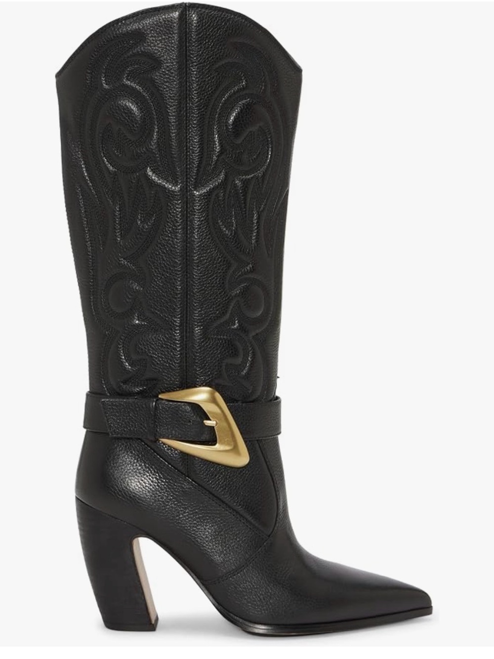 Vince Camuto Black Leather Knee-High Heeled Boots with Gold Buckle
